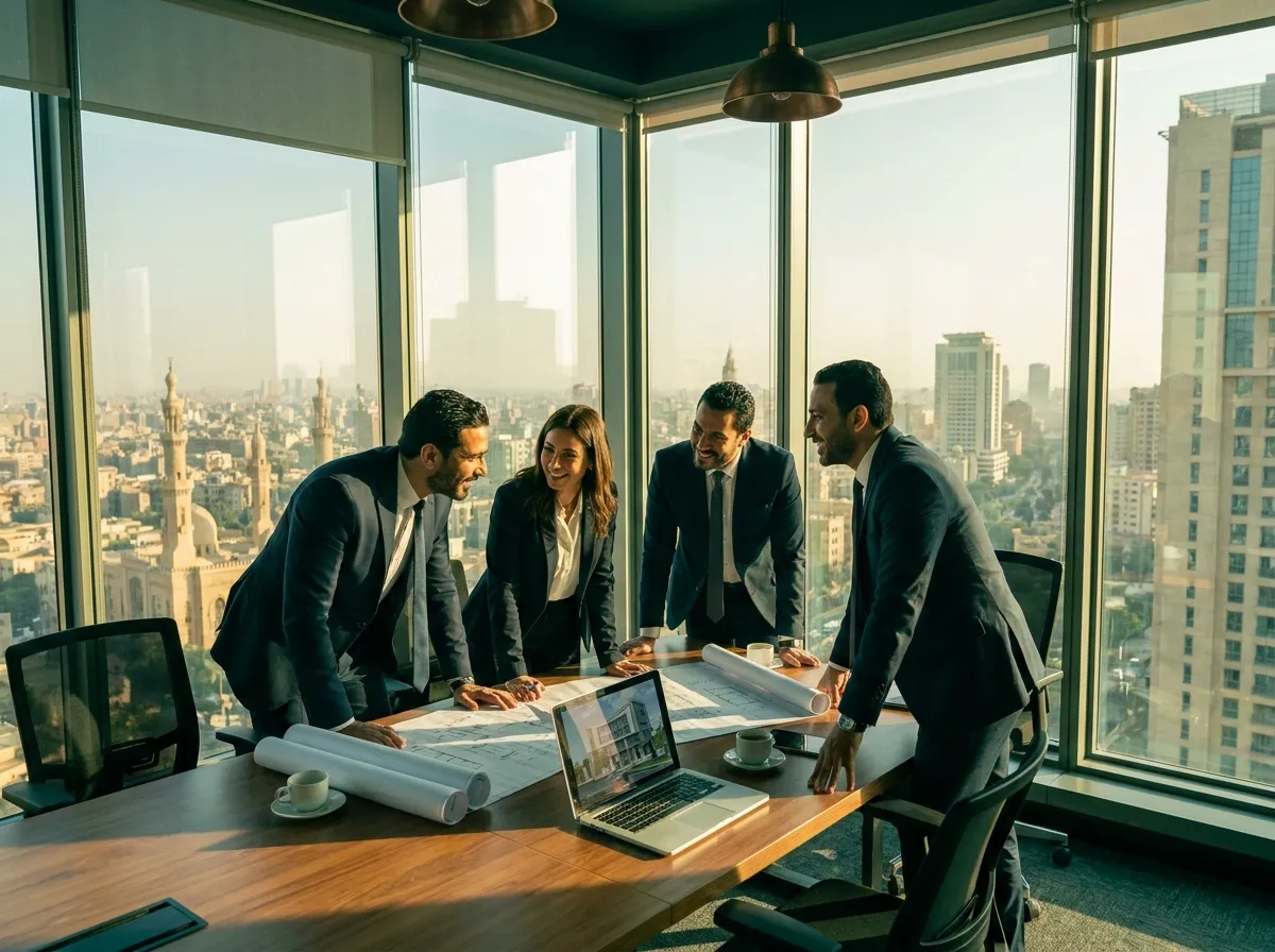 The Elite 11 team in a meeting inside a modern office overlooking Cairo