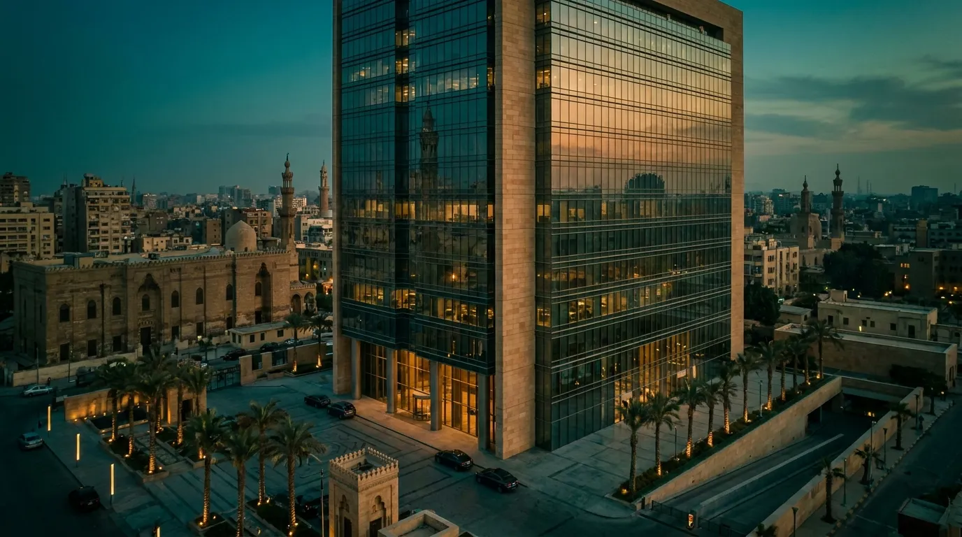 Elite 11 headquarters — a modern office tower in downtown Cairo at sunset